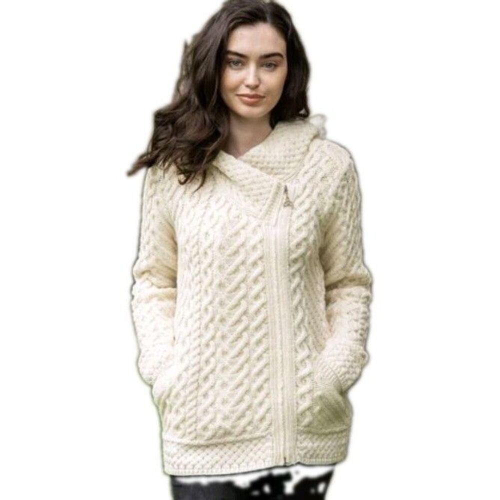 Aran Crafts Ireland Merino Wool Ivory Cable Knit Hood Zip Sweater Cardigan L GUC